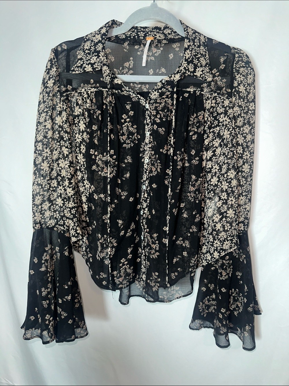 Free People Black Sheer Floral Tie-Front Blouse